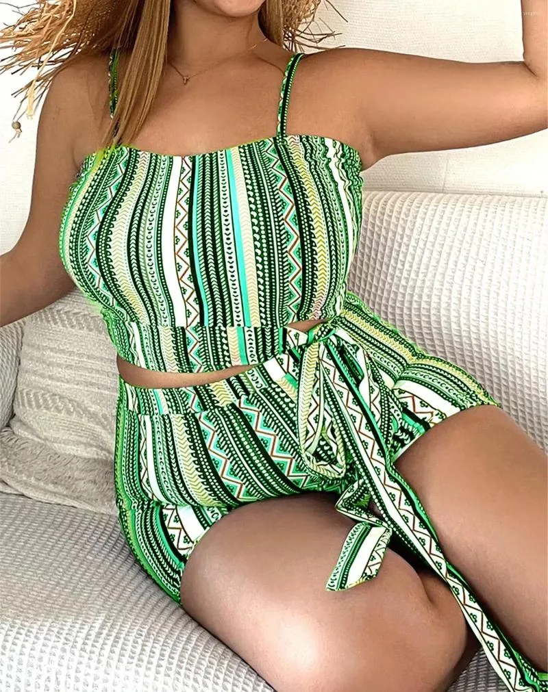 Dames badmode 2024 plus size vintage print stropdas zijkant cami top shorts bikini set hoge taille twee stukken push omhoog strandkleding zwempakken