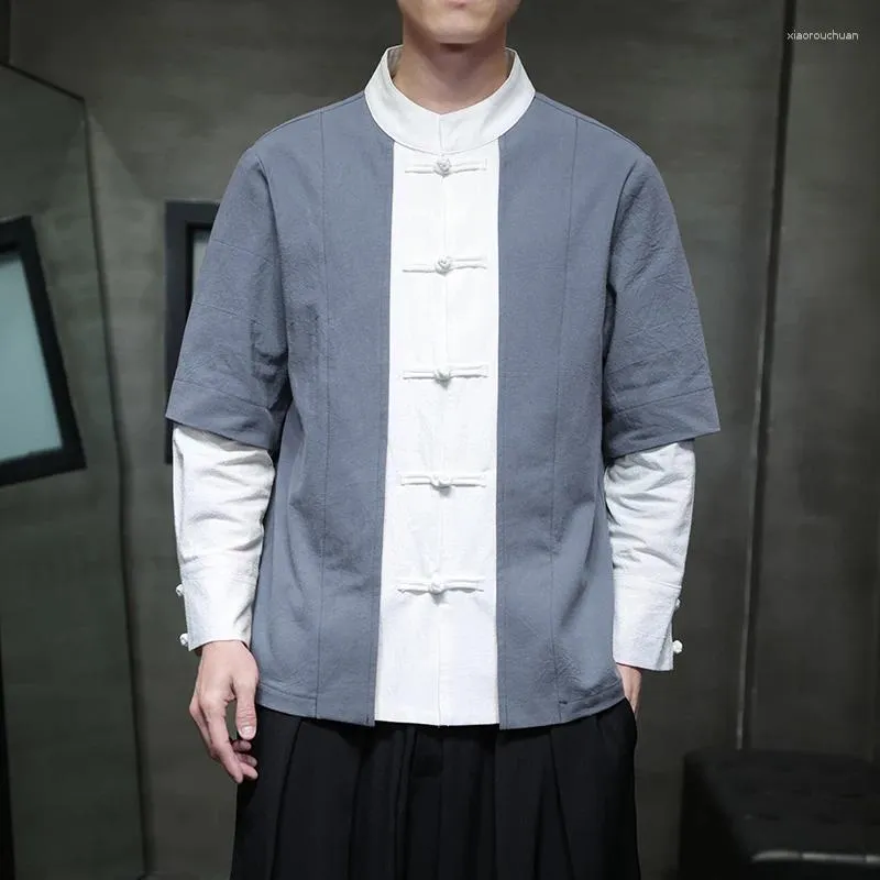 Camisas casuais masculinas masculino linho de algodão chinês Splice Stick Stand Stand Collar Man Streetwear Plus Tamanho Bloups