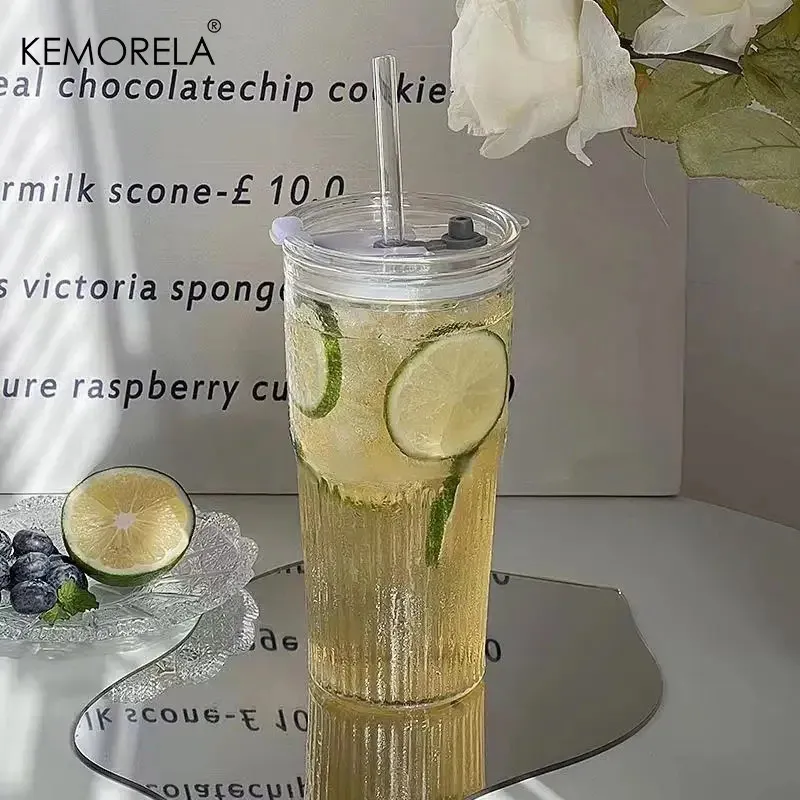 600ml Stripe Glass Cup With Lid And Straw... From Keng10, $20.15 |  DHgate.Com