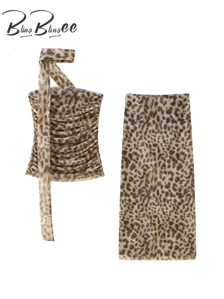 Blingblingee leopardo estampado de hábiles midi skirt trafices de verano de malla sin mangas sin tirantes slim femenino sets y2k 240419