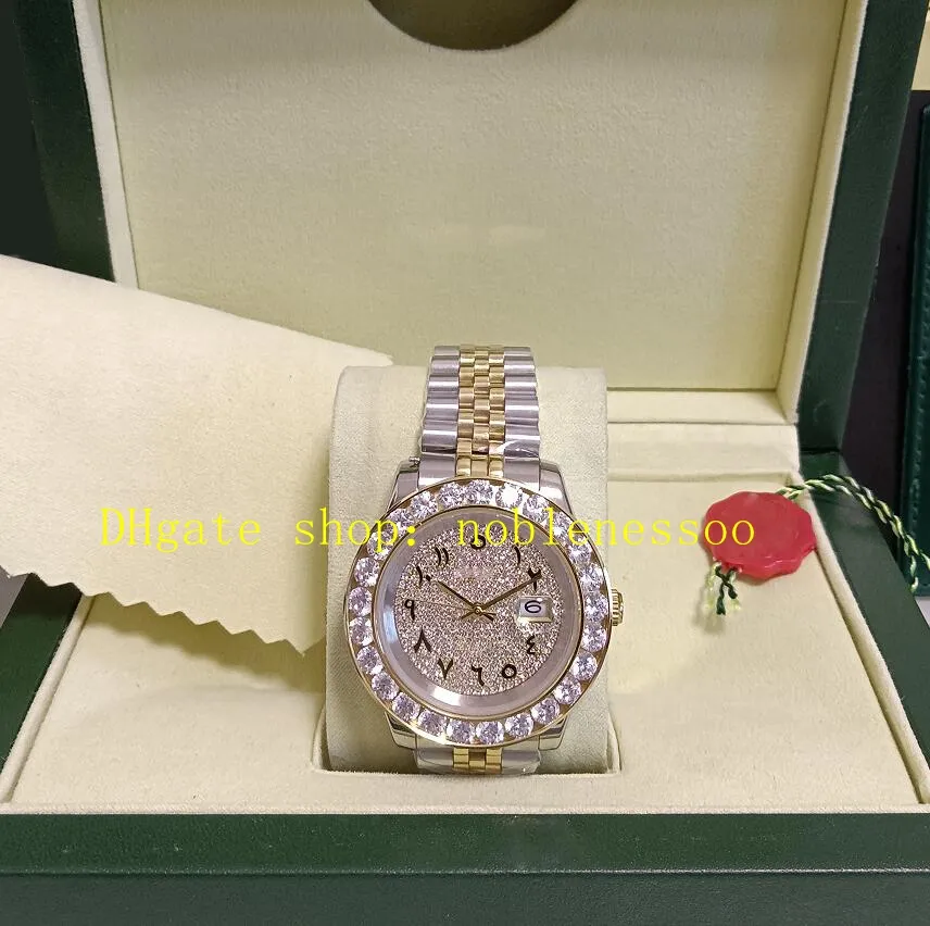 Echtes Foto mit Boxpapieren Herren Diamant Uhren Männer 43 mm automatisch gelbgold arabisch römisch zahlt Big Diamond Lünette 228238 Zwei -Ton -Jubiläumsarmband Uhr