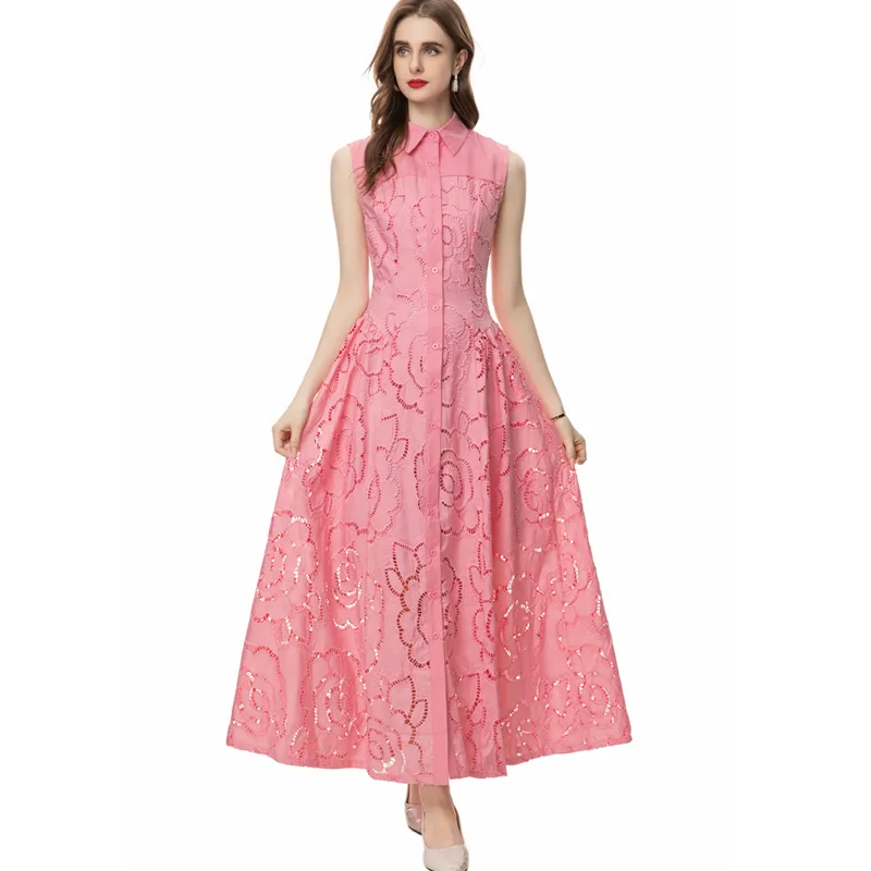 Frauen Runway -Kleider drehen Kragen ärmellose Stickerei Single Breasted Elegant Mode Long Vestidos Prom Prom