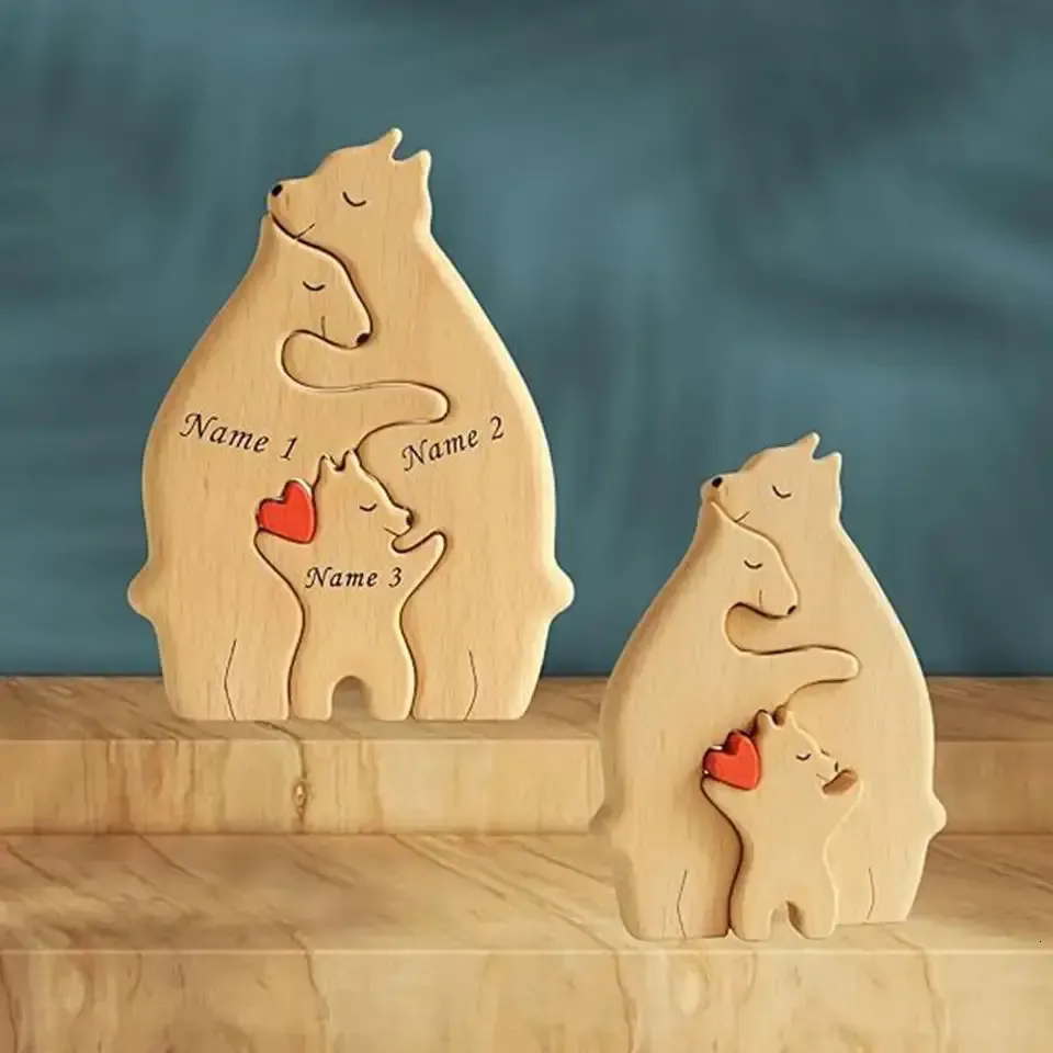 Bear Family Wood Art Puzzle Escultura de madera DIY Lindo miembro de la familia de los osos de la familia Decoración del escritorio del escritorio del día del día 240429