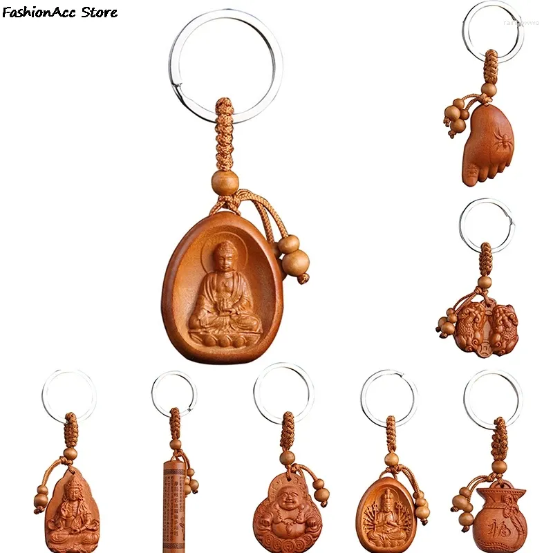Keychains Arrival Lucky Jewelry Peach Wood Carving Buckle Buddha Pendant Keychain For Car Bag Keyring Wholesale