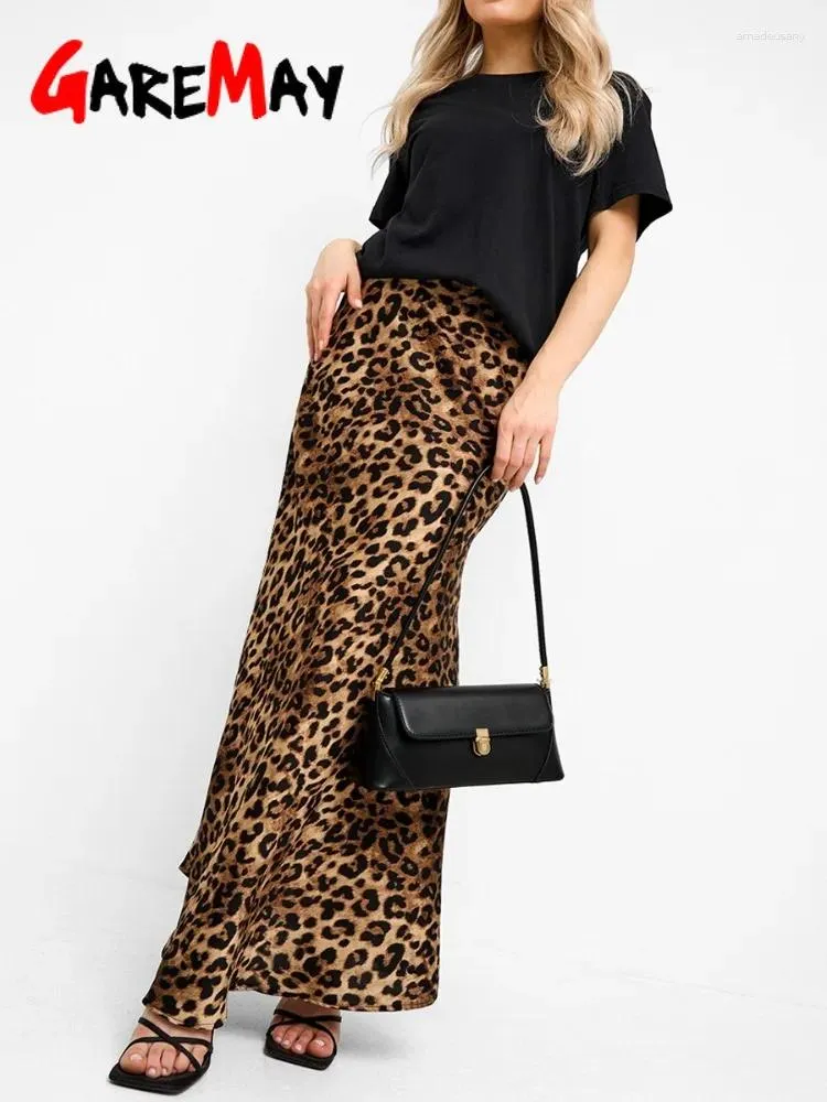 Röcke Leopard Print Maxirock A-Line Damens Sommer Satin Long taillierter elegantes Vintage Slim Office Seide 2024