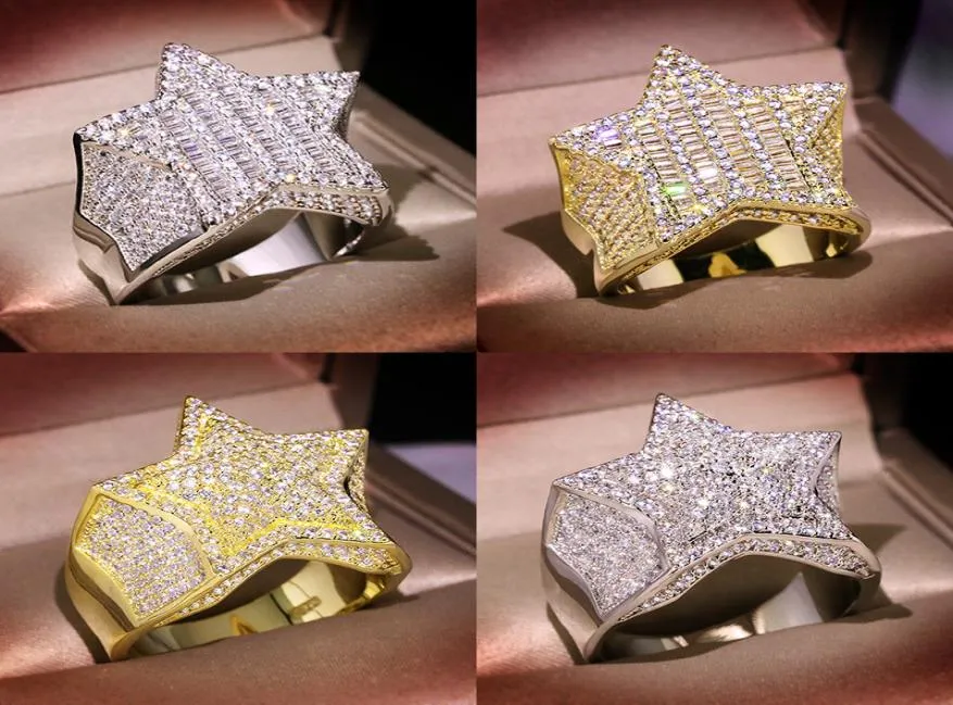 Mens Gold Ring High Quality Fivetpointed Star Stones Fashion Hip Hop Silver Rings Bijoux7869516