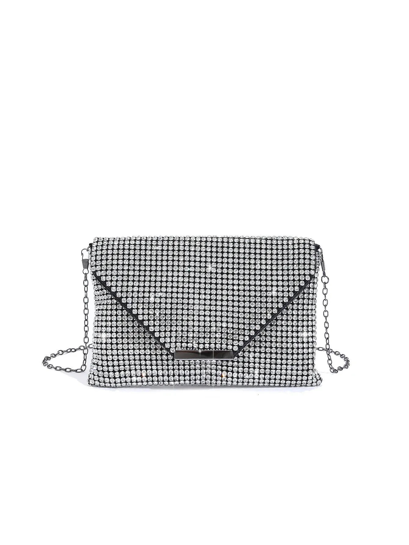ShinyFashion Diamondencrousted Magnetic Clamshell Metal Chain Crossbody Envelope Bag Evening For Party and Wedding 240430