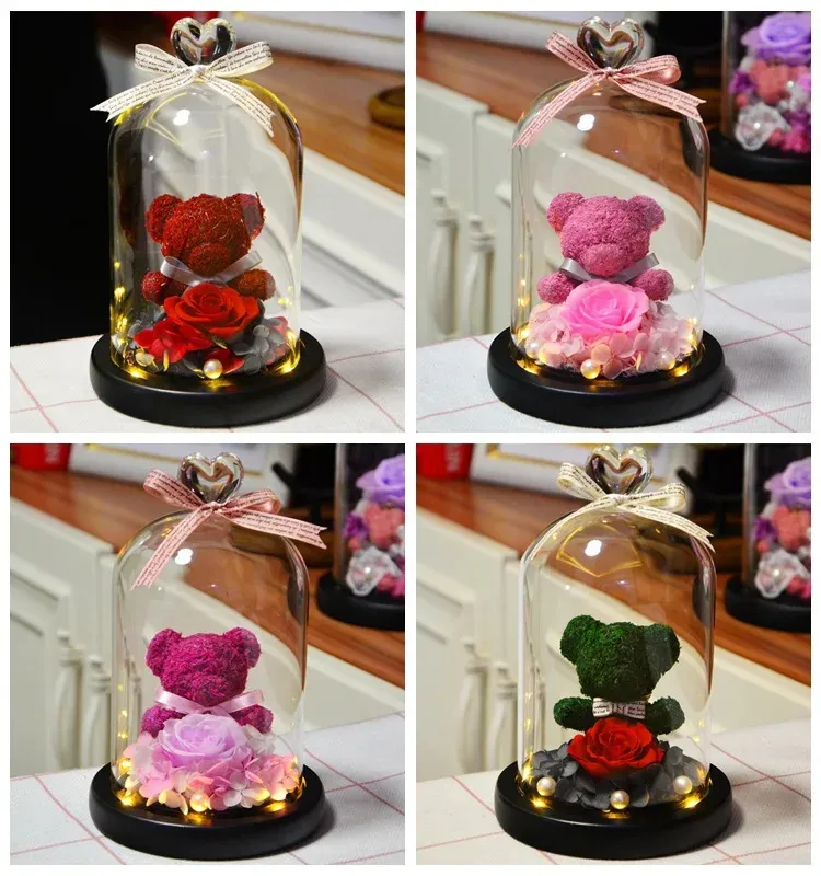 Valentín Eternal Preservado Rose Fresh Rose Lovely Teddy Bear in Heart Glass Dome con regalos de madres de boda LED para mujeres 240418