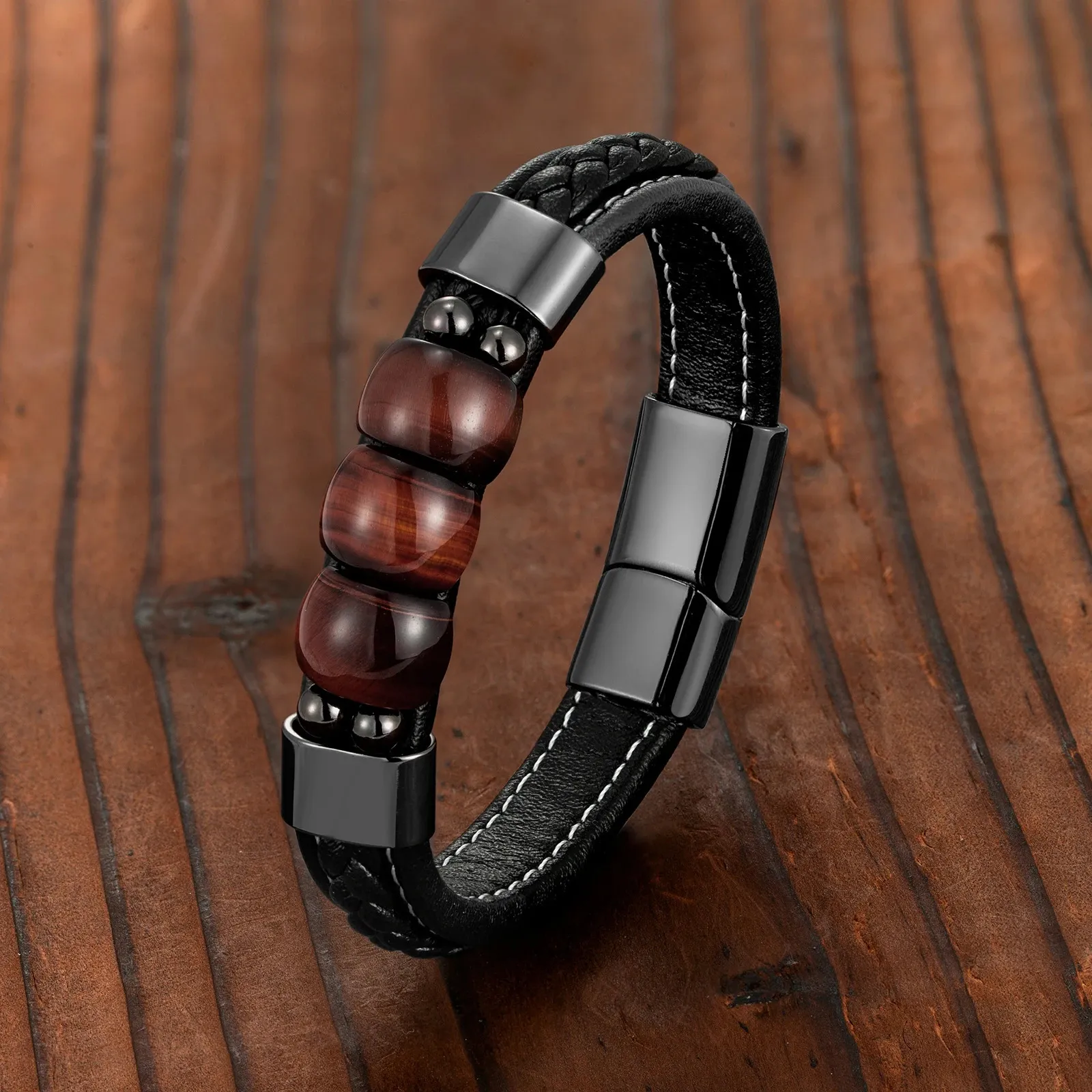 Natural Red Tiger Eye 3 Lucky Charme Schmuckarmband 316L Edelstahl Leder Nordhändler ol Style 240423