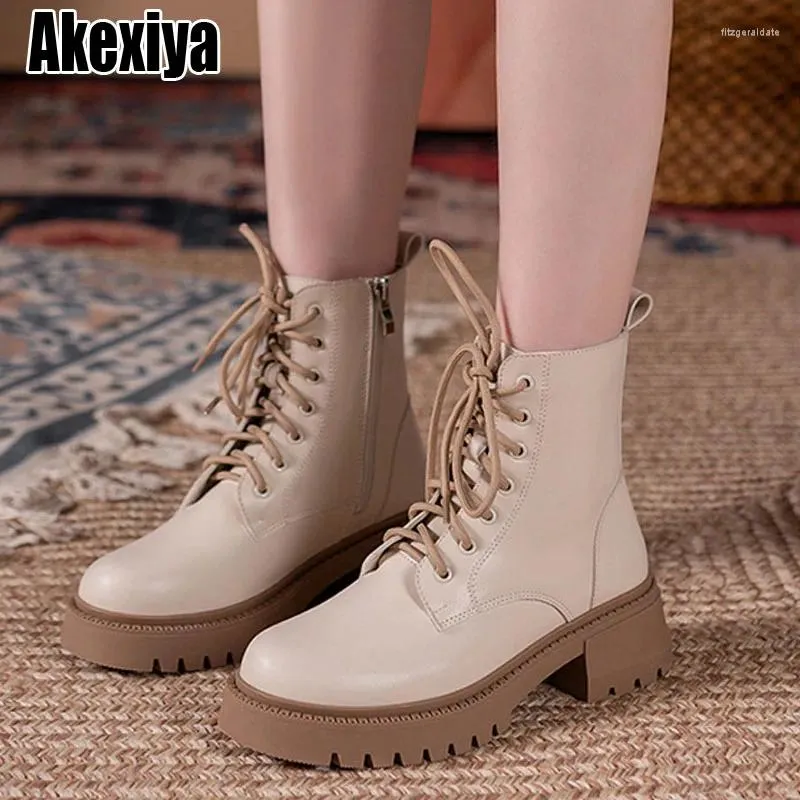 Boots Femme Chaussures Motorcycle Med Talon Round Toe Zipper Lady Footwear Automne Hiver 35-40 BEIGE BC5217