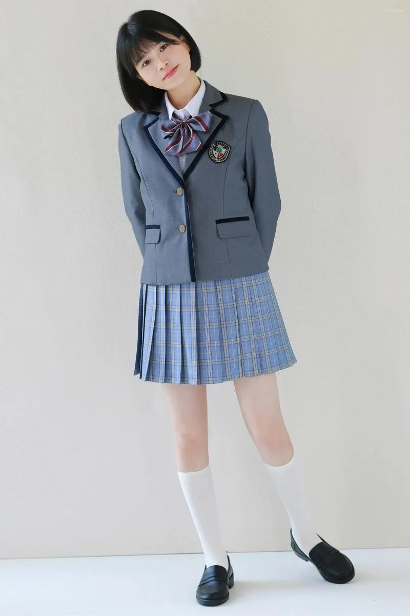 Korean Style Girls School Uniform 7-Piece High Plaid Mini Skirt Suit Jacket  Student Grey Dress