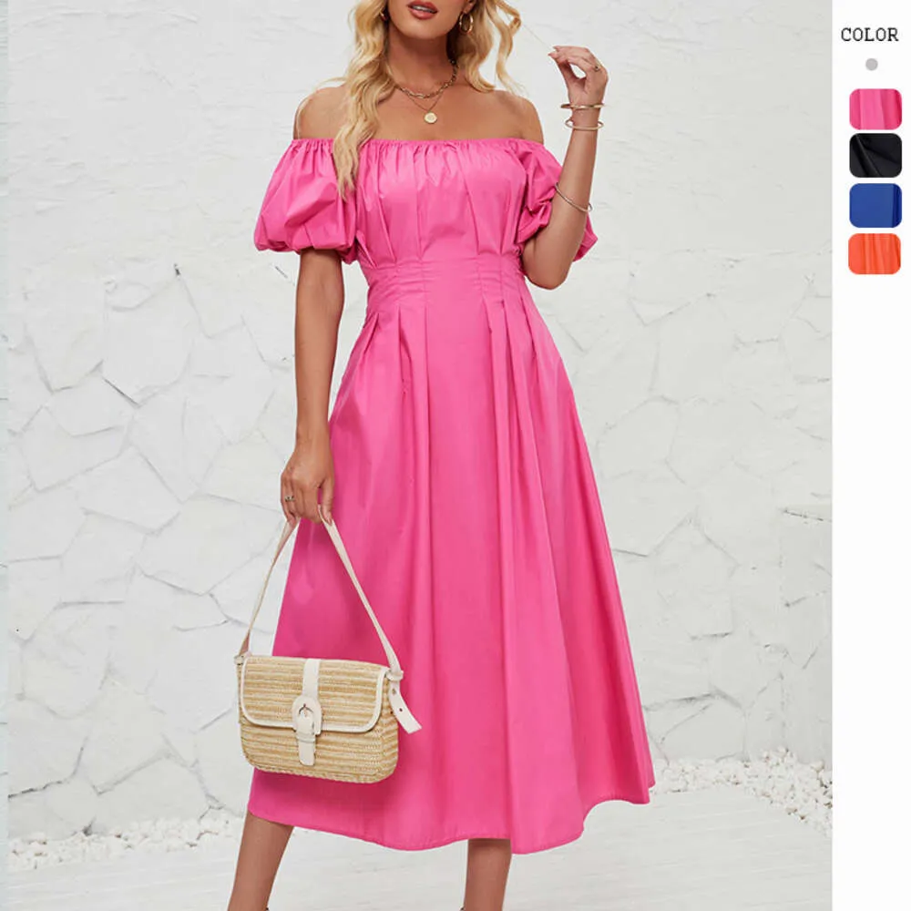 Hot Selling Women Off Bubble Bubble de manga curta Pleated High Summer Summer Solid Color Dress