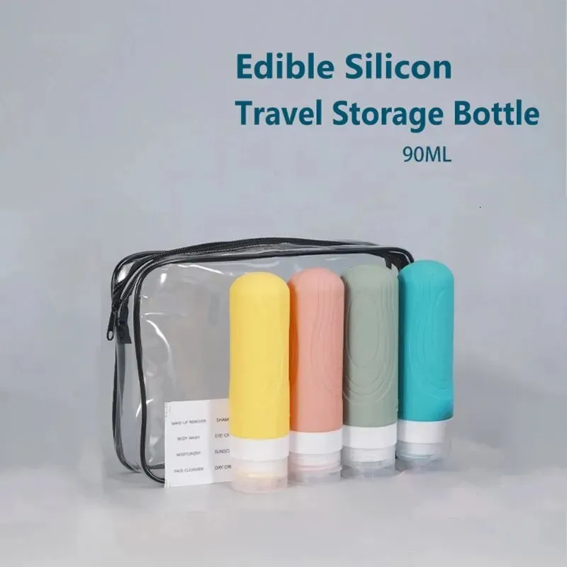 4 Pcs Dispenser Bottle Set Food Grade Silicone Travel Portable Facial Milk Shampoo 90ml Wash Case 240425