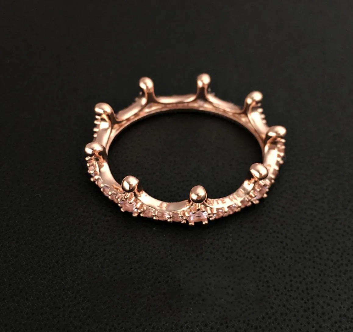 Nuovo anello a corona placcata in oro rosa 18k con scatola regalo originale di diamante CZ per 925 anelli di gioielli in argento sterling Women9849315