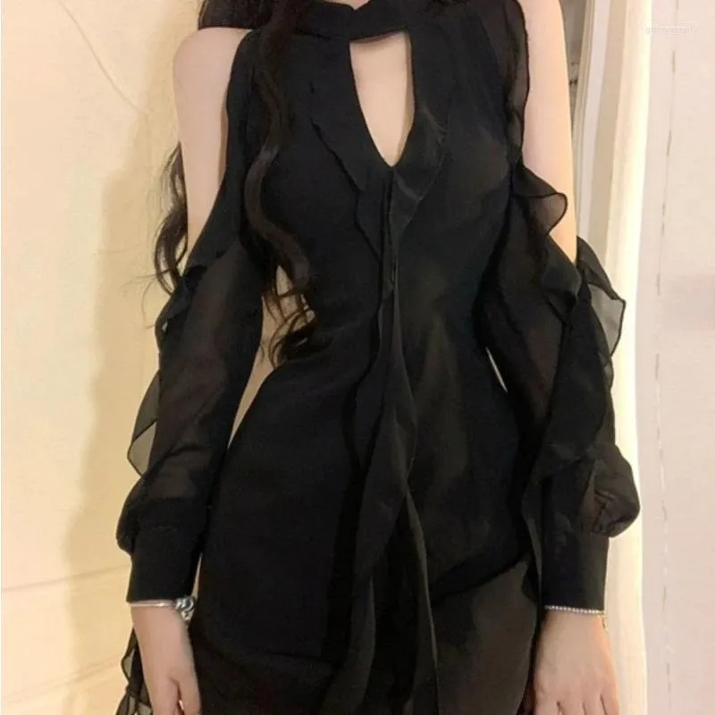 Casual Dresses HOUZHOU Black Sexy Chiffon One-piece Dress Women Elegant Ruffle Mesh Mini Fairycore Sweet Luxury Bodycon Chic Korean Style