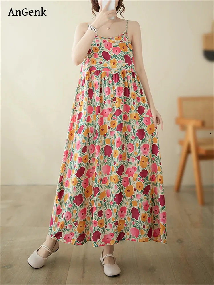 Yaz Kolsuz Kayış Baskı Çiçek Elbiseleri Kadınlar için Pamuk Vintage Sıradan Uzun Elbise Femme Robe Plajı Zarif Giysiler 240429