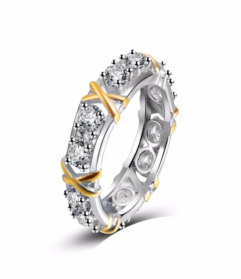 Two-color Classic White Crystal Pave Woman Silver color Rings Fashion Wedding Jewelry X Shape Ring for Women Best Gift1492397