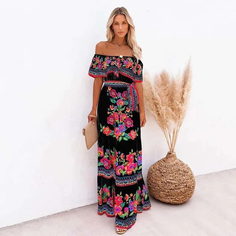 mexican flowy dresses Women's Off-Shoulder Floral Maxi Dress – Cinco De Mayo Embroidered Dress With Belt, Breathable Lightweight Mexican Maxi Dress authentic traditional mexican dress