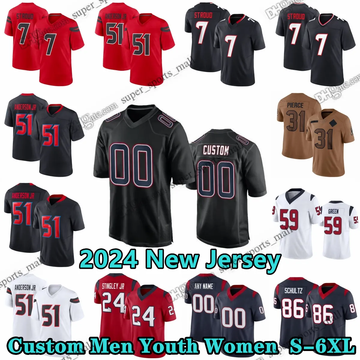 Anpassad S-6XL DIY 7 C. J. Stroud 2024 Football Jersey 51 Will Anderson Jr. 26 Devin Singletary 12 Nico Collins Blake Cashman Derek Stingley Jr. Case Keenum Davis Mills Dell