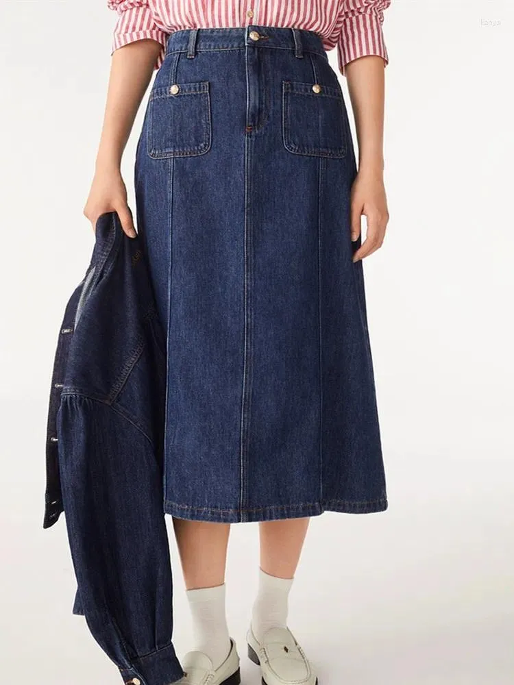 Jupes Femmes A-line Cotton Denim Jirt printemps été 2024 Double Pockets épisser simple femelle haute taille midi Jupe