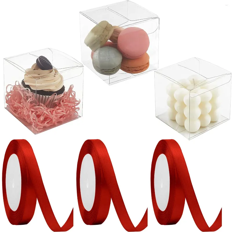 Enveloppe-cadeau 100pcs 2x2x2 pouces Boîtes claires pour les faveurs avec 3 rubans rouleaux Transparent Cube Wedd