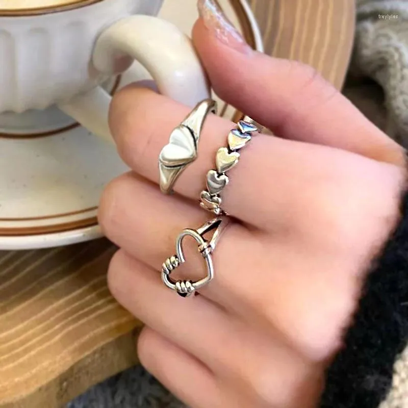 Cluster anneaux filles fraîches sweet ouverte anneau réglable set creux de coeur argent couleur amitié doigt la mode bijoux.