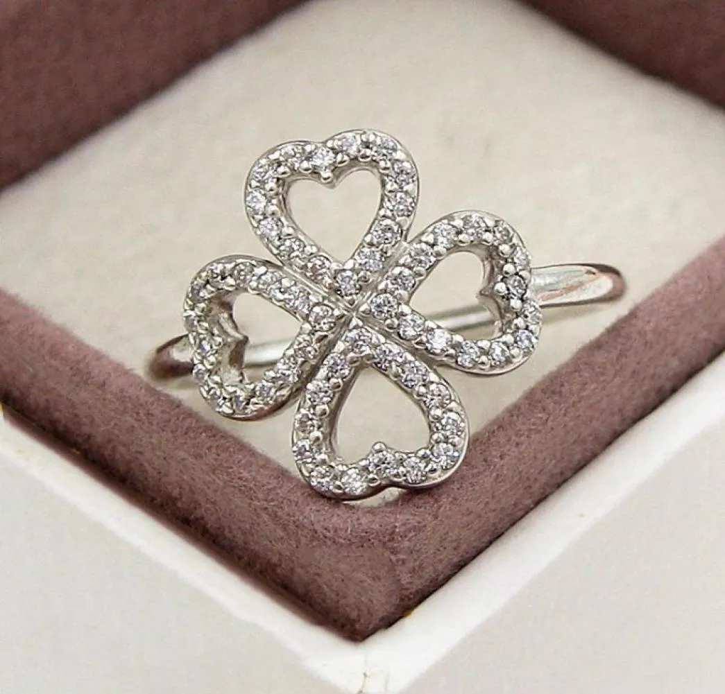 Wholesale-Romantic Lucky Clover Ring for 925 Sterling Silver CZ Diamond High Quality Lady Lucky Ring with Box Birthday Gift4584261