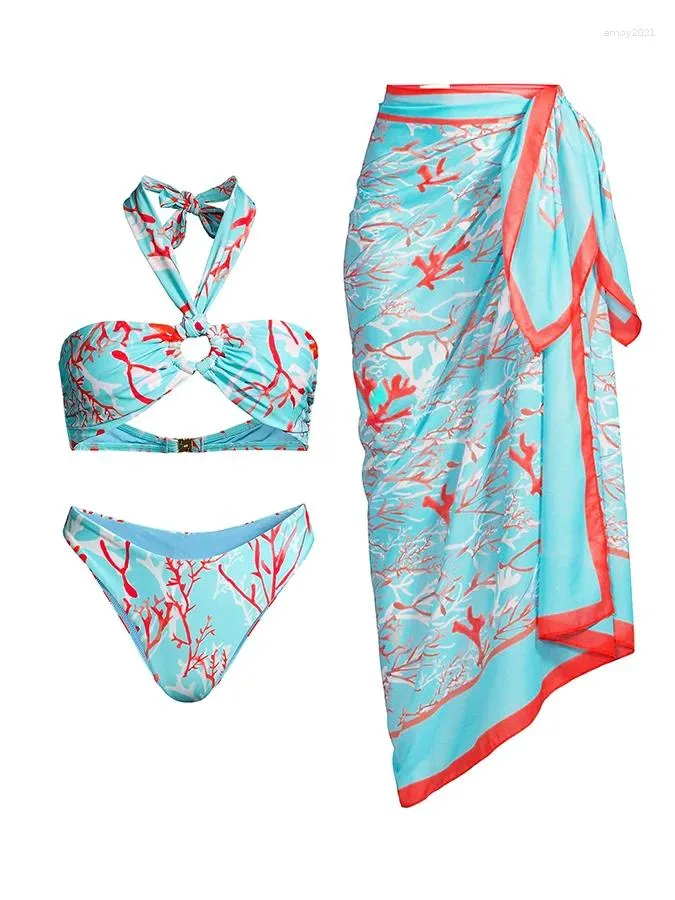 Ocean Print Bikini Set And Cover Up 2 Piece Luxury Swimwear For Female Beach Exit Swimsuit Sexy Bathing Suit Kimono 2024