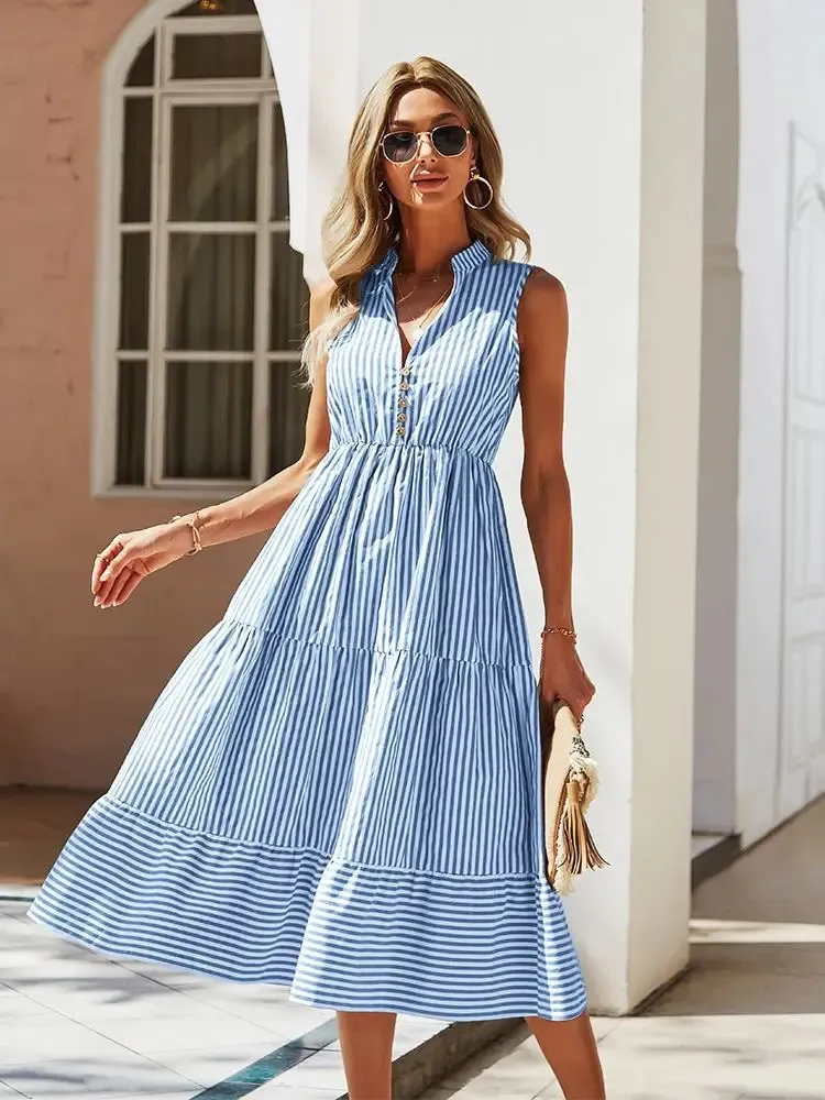 Ladies Vintage Boho Summer Kleid Frauen ärmellose lässige Urlaub gestreiftes Hemd Sundress Outfits Frau Robe Vestidos 240424