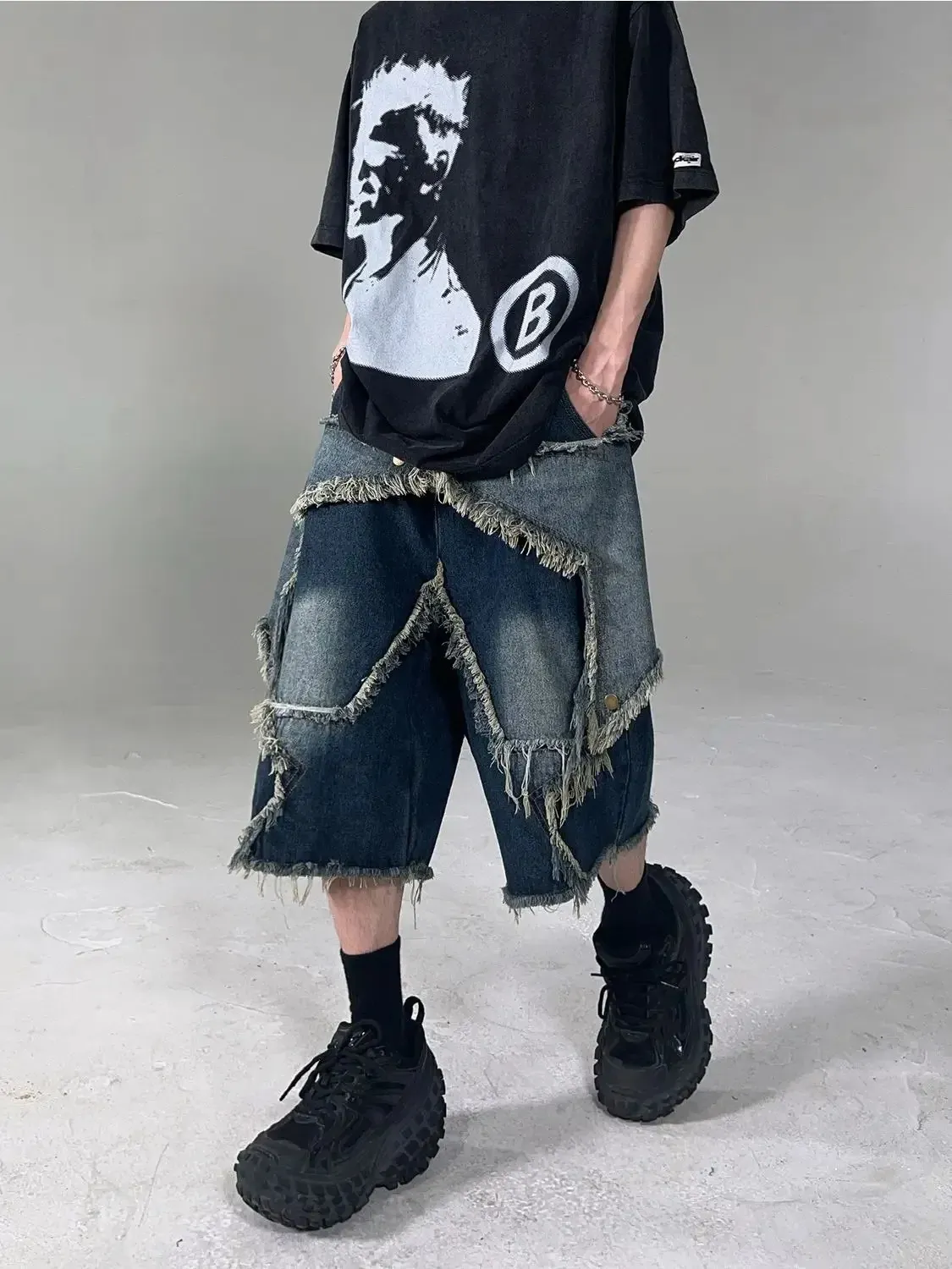 High Street Retro Star Patch Tassel Men shorts jeans soltos e casuais calças de casal de hip hop esportes sortlants 240430