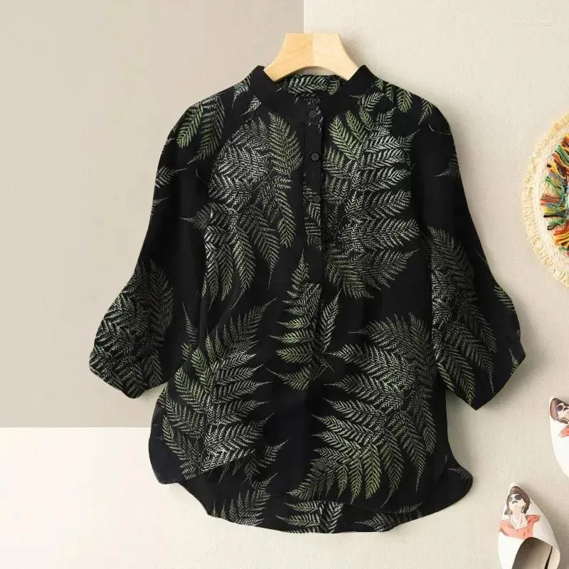 Рубашка для женских блузков 2024 Лето моды дерево листья листья из печать хлопчатобумажного льня