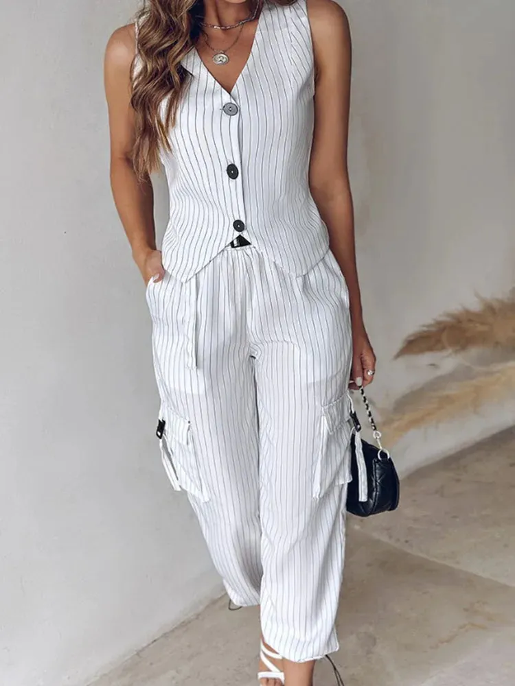 Fashion Casual Striped Imprided Gile Suit pour femmes Bouton à col en V V Top Pocket Pantalons Loose Pantalons Two-Piece 240429