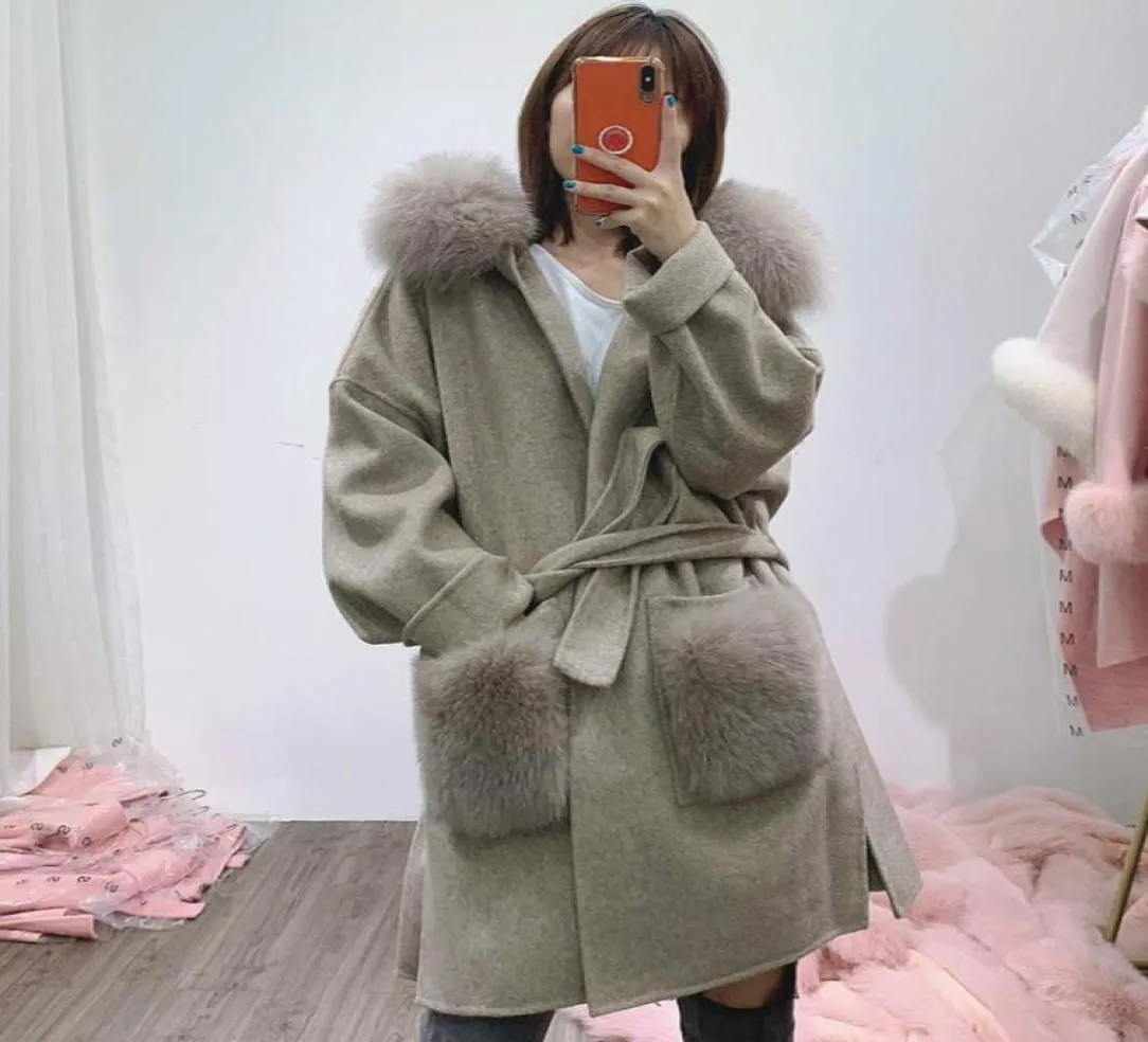 Oftbuy echte bont jas winter jas vrouwen natuurlijke vossen kraag manchetjes cuffen kasjmier wollen wollen wollen oversized dames bovenkleding8912007