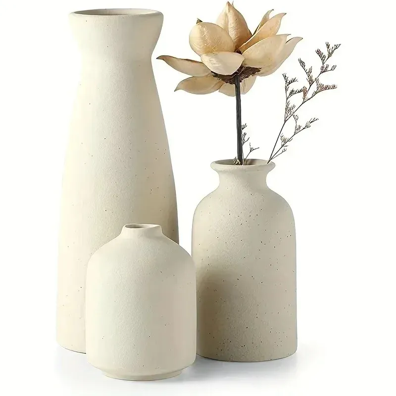 Conjunto de vasos de cerâmica de 3 vasos de flores para decoração de casa rústica Decor de sala de estar moderna Decortable 240430