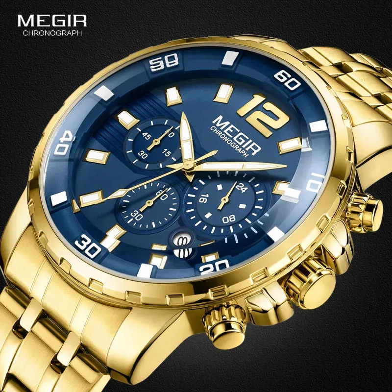 Megir Mens Gold Stainless Steel Quartz Watches Business Chronograph Analgue Wlistwatch for Man for Waterproof Luminous 2068GGD-2N3 240428