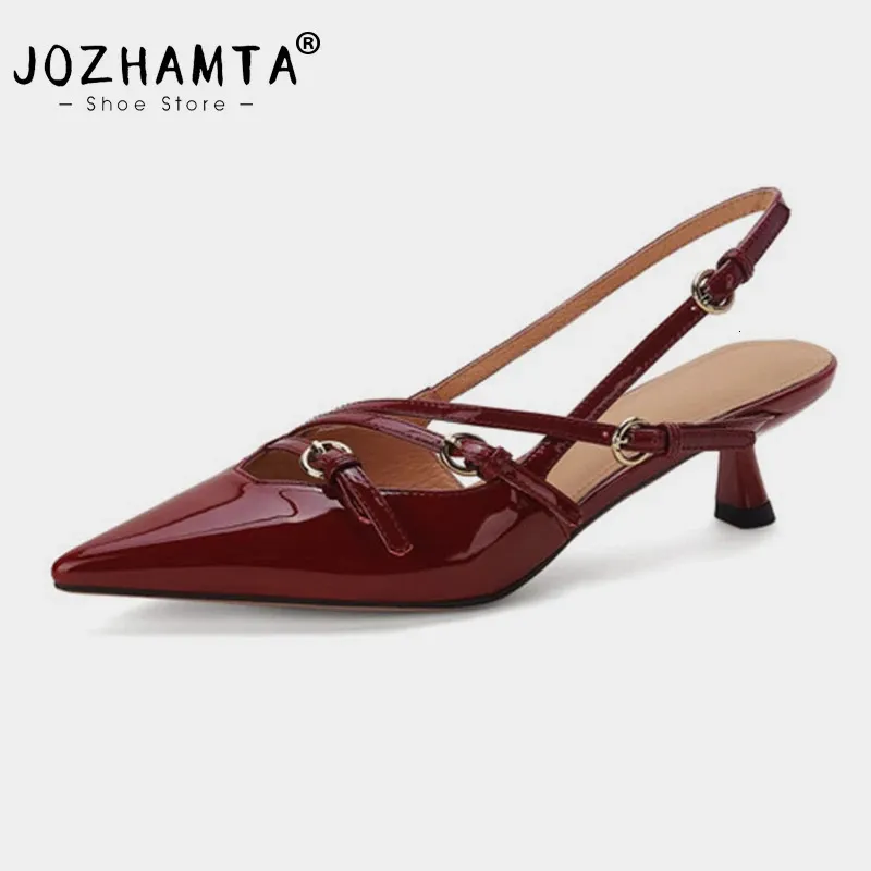 Jozhamta Taille 34-42 Femmes Sandales à talons Rétro Rome High Heels Chaussures pour femmes Summer 2024 Ins Real Leather Backle Talon Sandale 240426