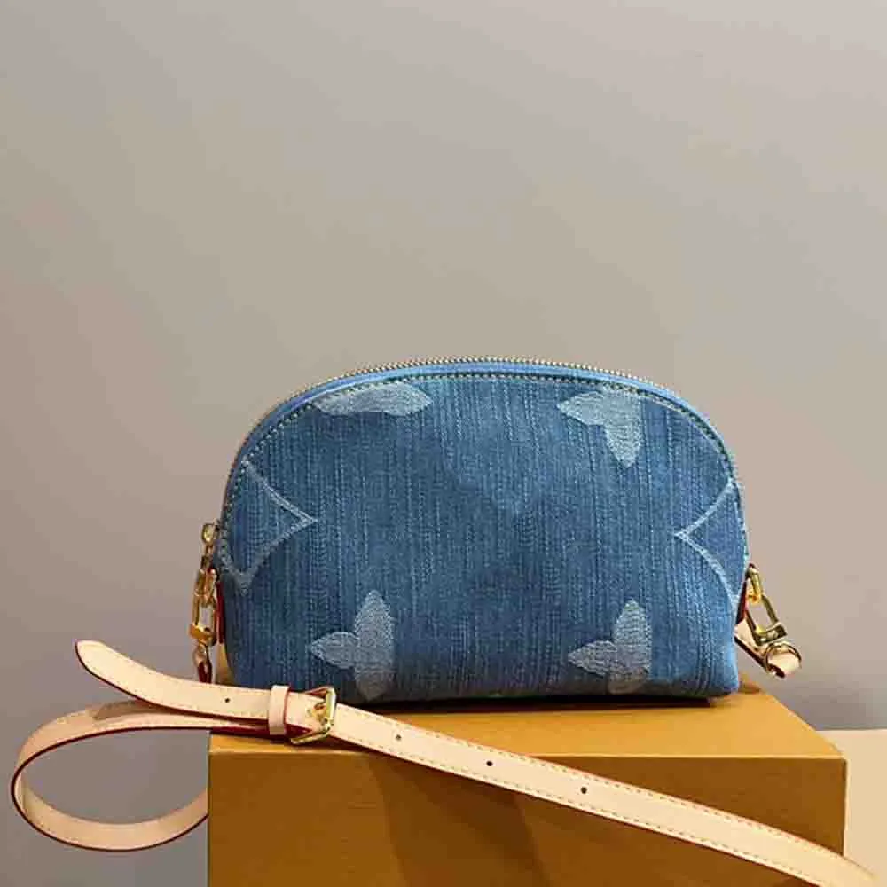 Femmes Mini Zipper Makeup Sac 21cm Denim Portable Crossbody Sac à bandoulière Luxury Embrayage Vanité Vanité Hands Sac à main