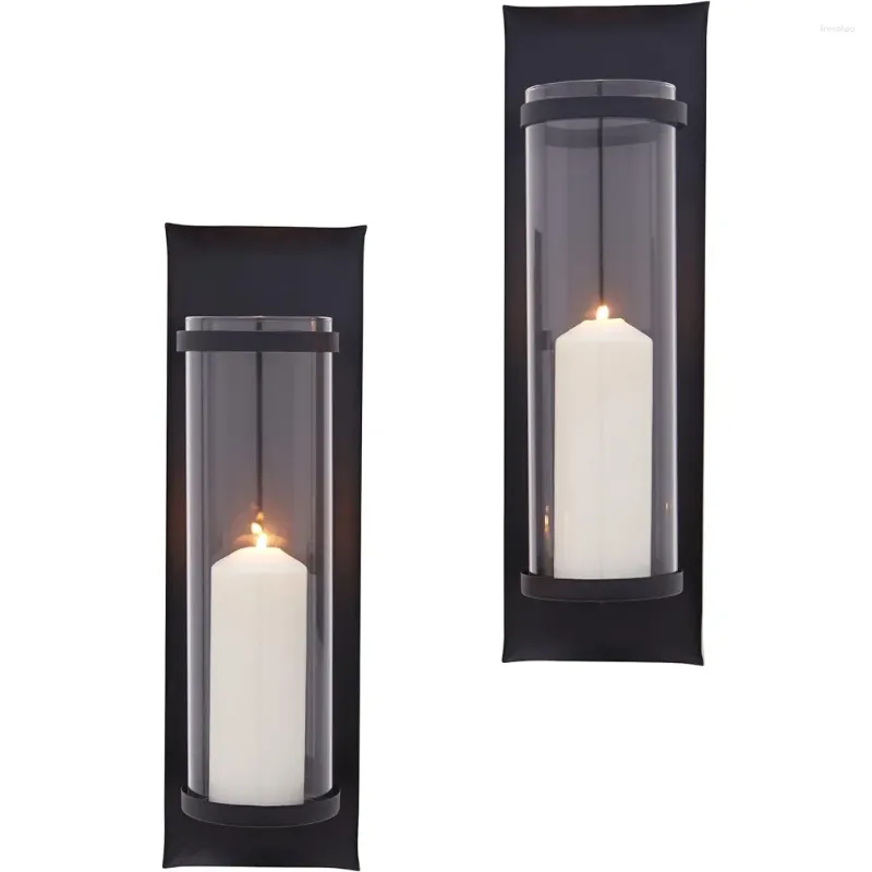 Set of 2 Metal Pillar pillar candle wall sconces with Glass Inserts Wrought Iron Rectangle Wall Accent for Wedding Candles in Black Jar
