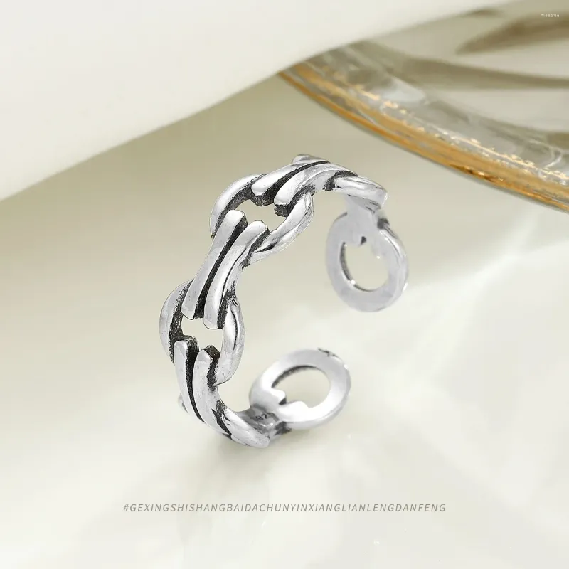 Cluster Rings Vintage Chain Open Ring med dubbla lager S925 Sterling Silver Personlighet Retro Chic Trendy Women's