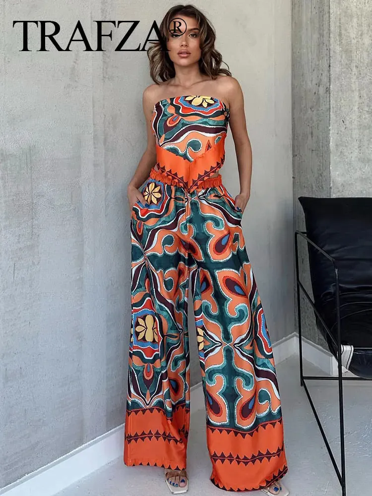 TRAFZA Women Pants Set Vintage Print Back Bow Tie Strapless Bustier Tops Drawstring Trousers Female Chic Streetwear Pant Suits 240430