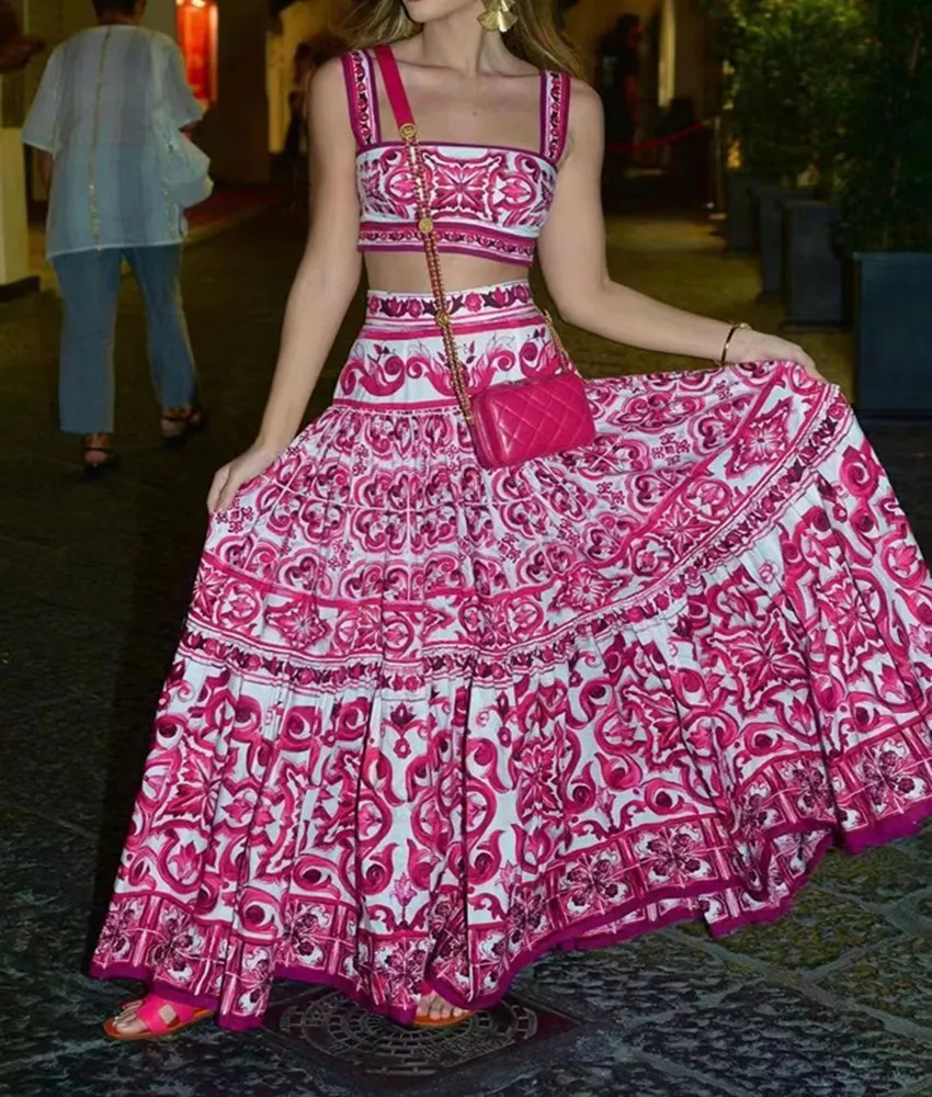 2024 Zomer vrouwen kleden rood wit porselein sexy riem strand tweedelige set vrouwelijke bloemen vakantie runway jurk pakken