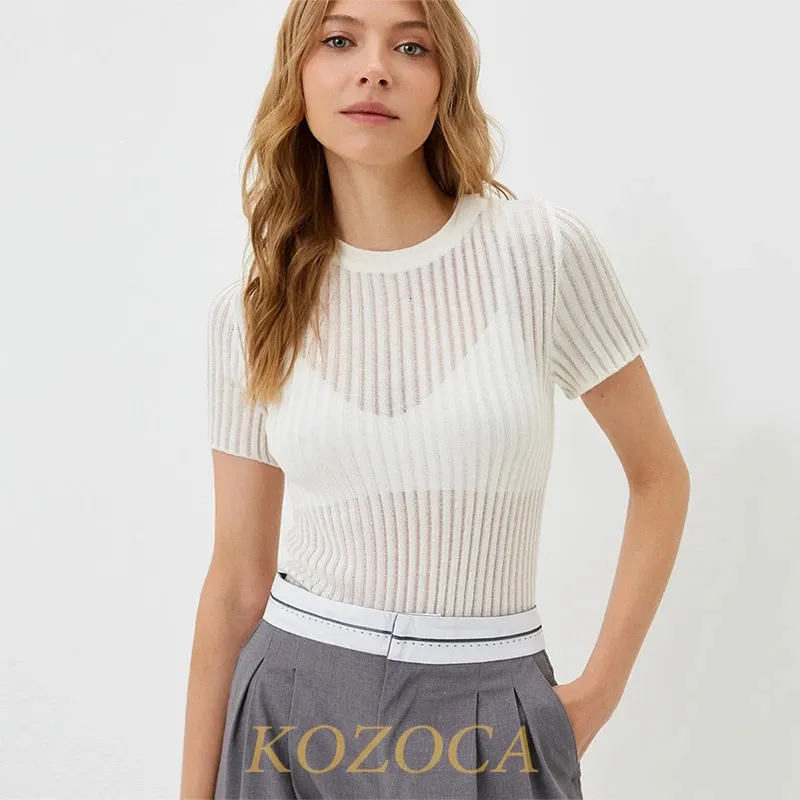 Kozoca 100% Wool Chic White Elegant Striped See Through Women Tops Outfits Short Sleeve T-Shirts Tees Skinny Club Party Clothes 240430