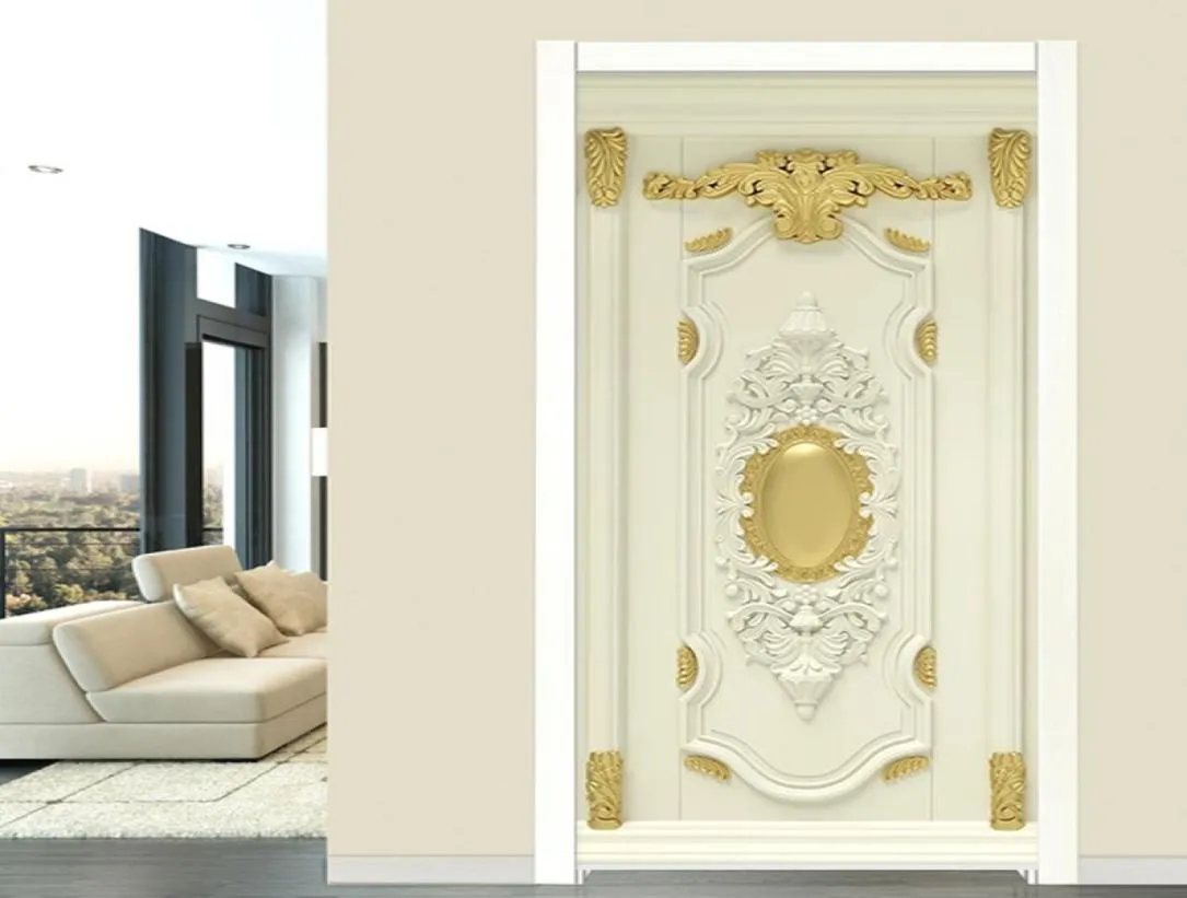 3D Luxus Home Decor Tür Aufkleber Europäischer Stil Golden Blumen Wandbild Tapete Wohnzimmer Schlafzimmer 3d Selfadhäsive Tür Poster T5904029