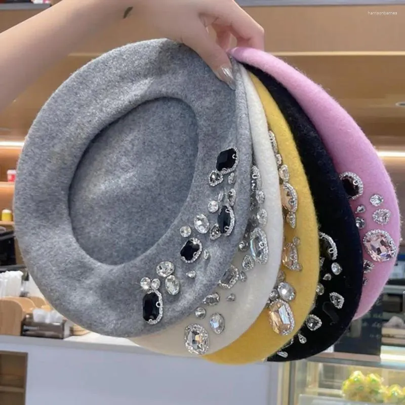 Beralar Fransız Bere Kalın Rhinestone Dekor Sınırsız Termal Beanies Hat Decoratif Yün Sanatçı Tarzı Ressam Kadınları Müdürlük