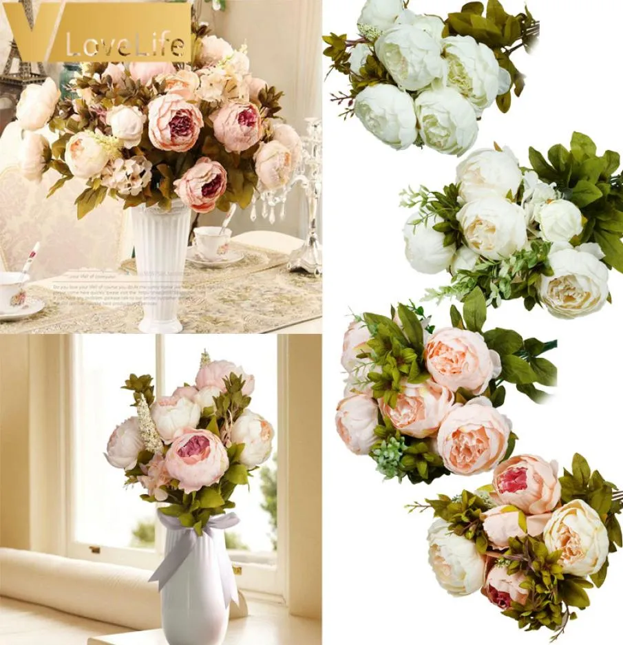 13 Flores artificiais de Headsbouquet Flores de seda queda europeia vívida peony folha folhas casamentos em casa decoração8946435