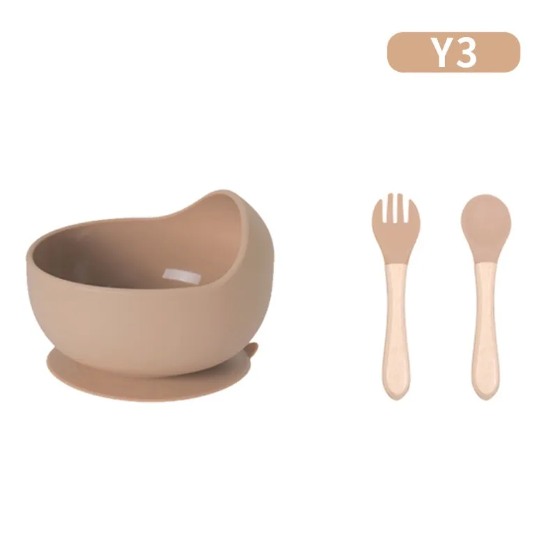 Baby Feeding Baby Feeding TableWares 3-teiliges Set, Nahrungsmittel-Silikon-Kindergeschirrset, Buchenholz, Bambus, Löffel, Gabel-Set-Tassen, Gerichte Utensilien