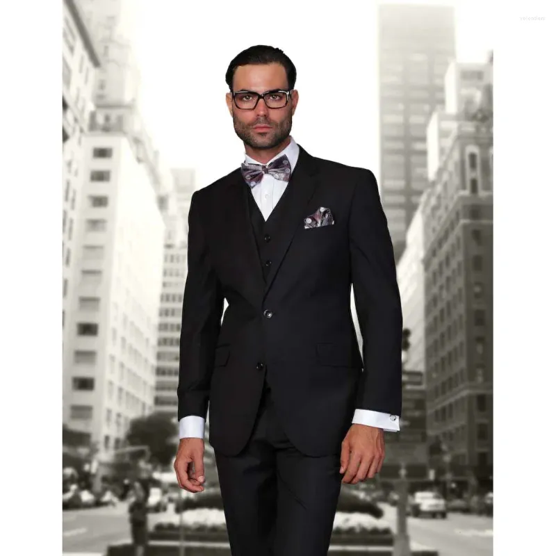 Men's Suits Formal Black Single Breasted Notch Lapel Slim Fit Men High End Luxury 3 Piece Jacket Pants Vest Full Set Male Clothing