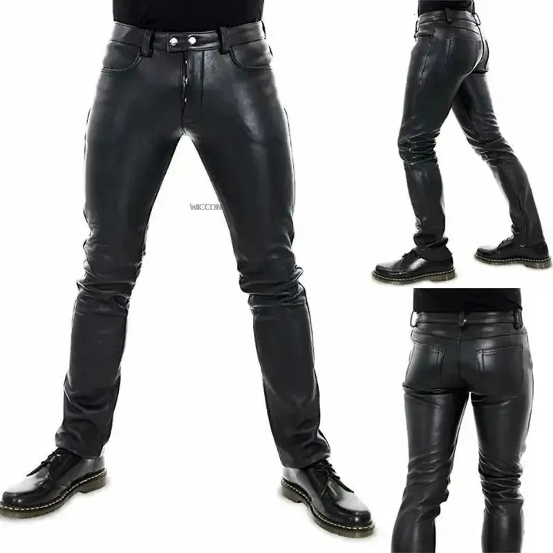 Herrenlederhose Feste Farbe PU Motorrad elastischer Freizeit Punkstil Slim Fit voller Länge Hosen 240419