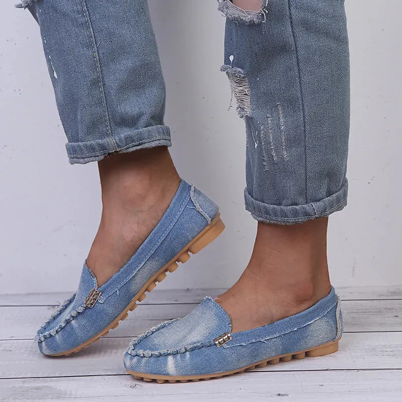 Schoen Casual platte schoenen Leer Autumn Loafer Women Slips zachte ronde teen denim flats jeans plus size 240426