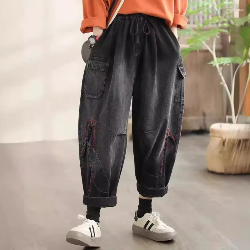 Calças femininas johnature feminino vintage retchwork harém jeans 2024 bolsos elásticos da cintura de primavera